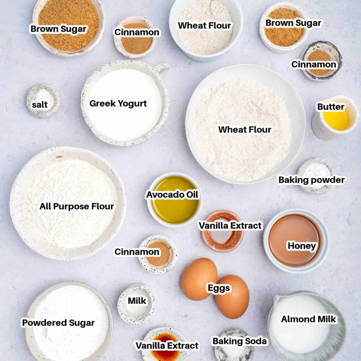 ingredients for cinnamon coffee cake muffins.