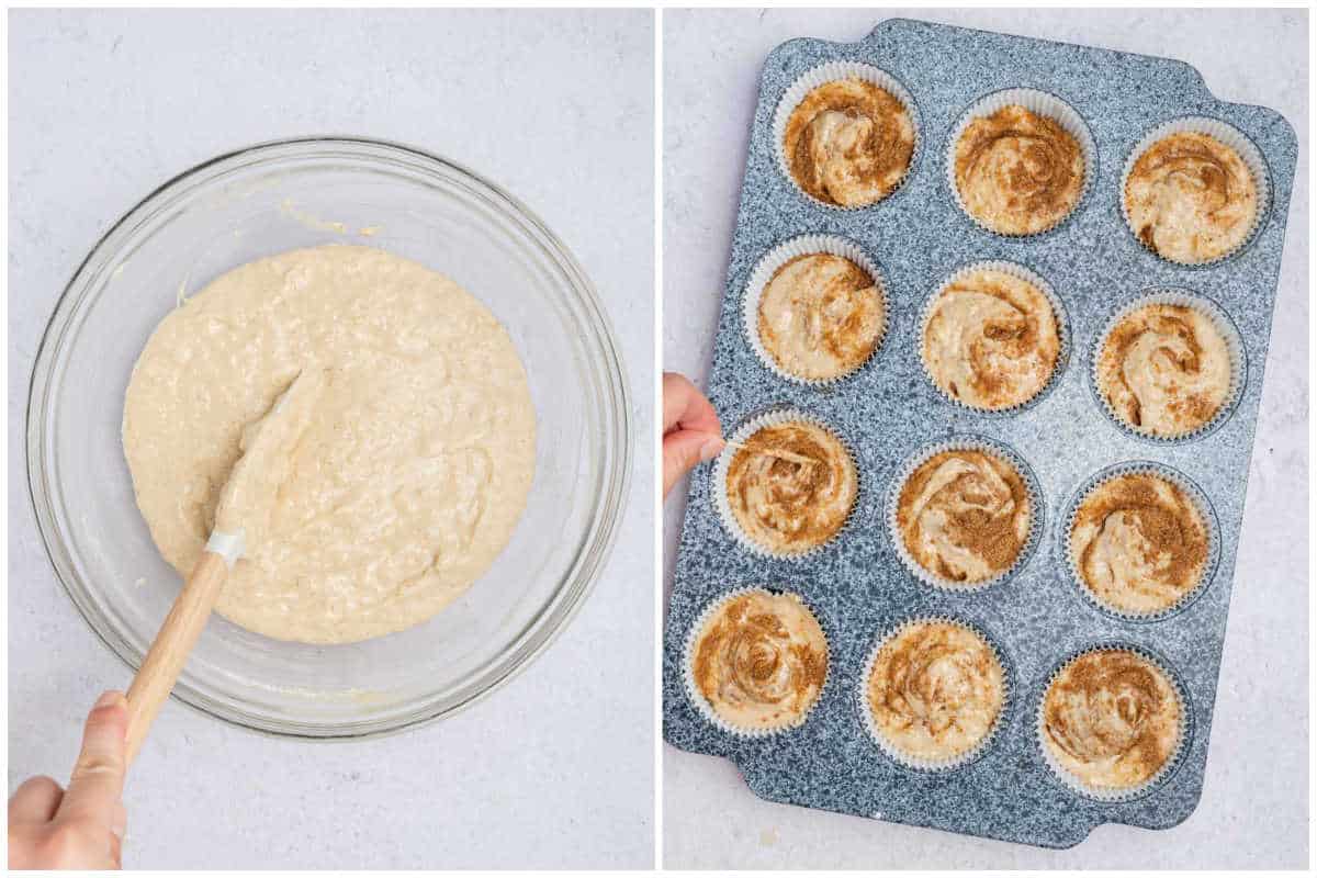 process shot to make the batter and adding them to muffin pan.