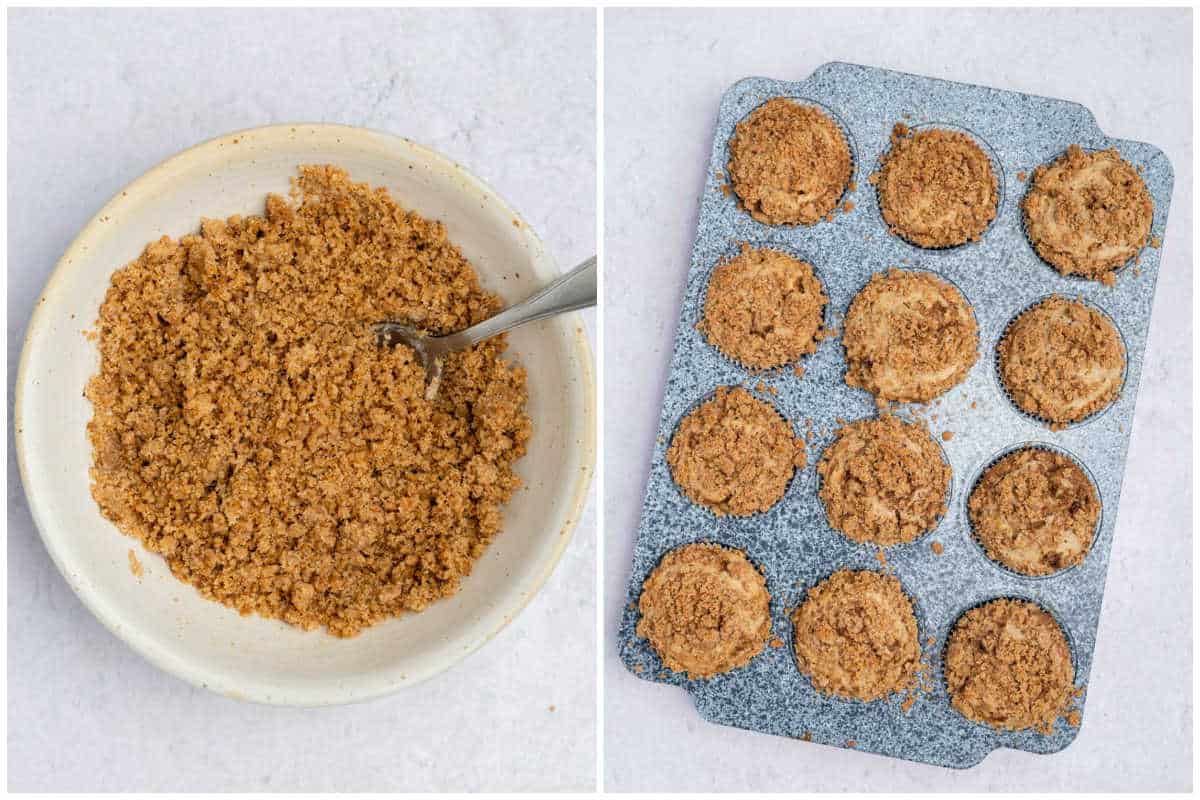 process shot to add streusel topping on the muffins in pan