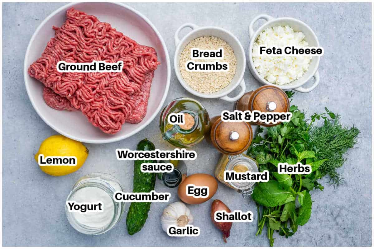 ingredients for greek ground beef meatballs.