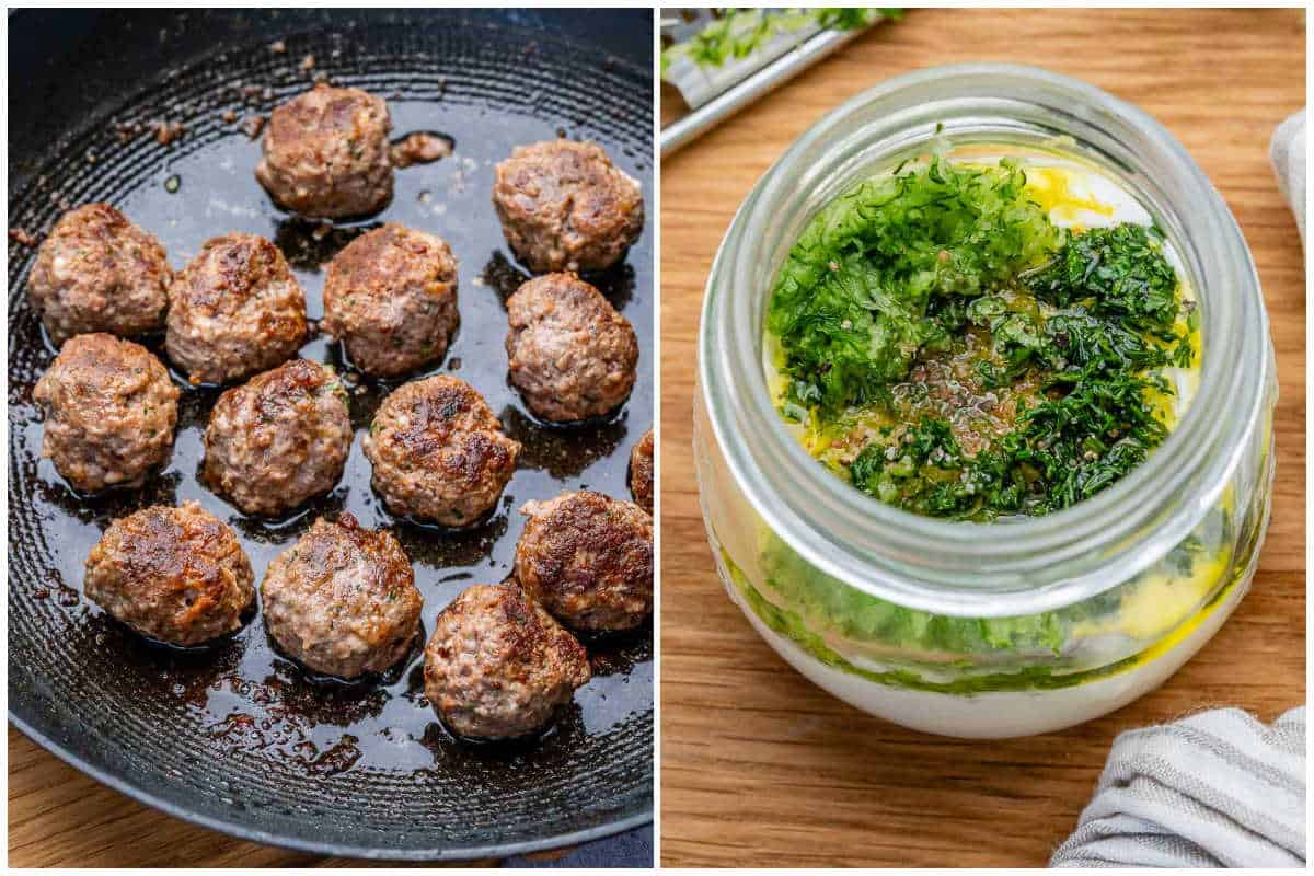process shot to cook the meatballs in a pan and then making the tzatsiki sauce.