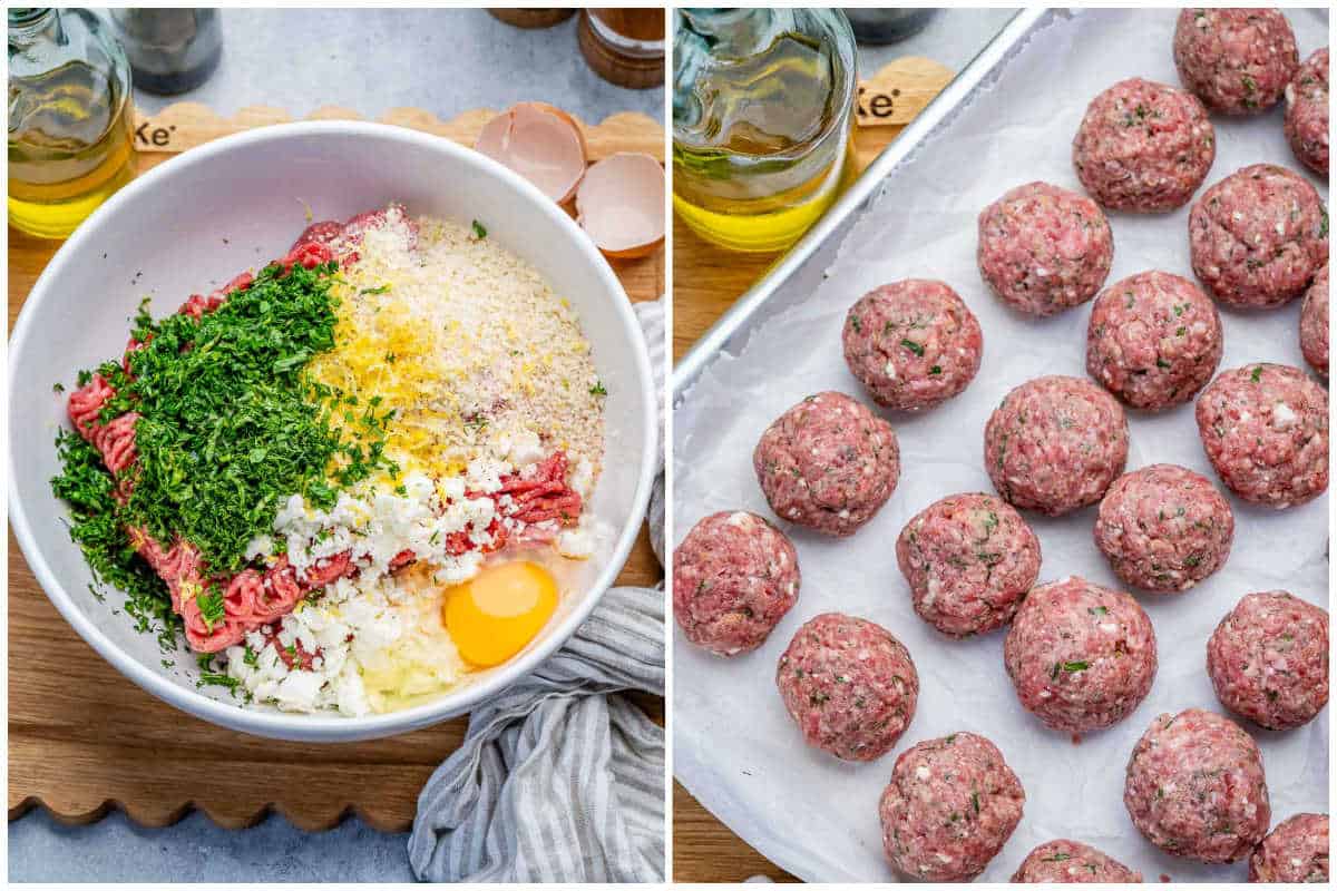 process shot to mix the ingredients for the meatballs and forming the meatballs then placing them on a sheetpan.
