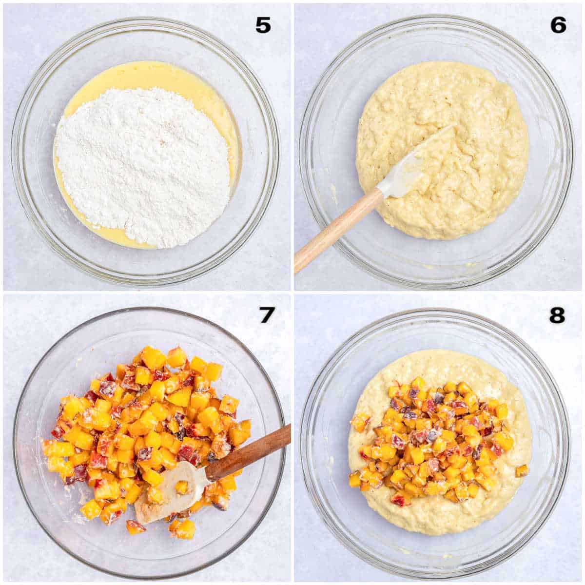 process shot to make the batter and adding the peaches to the batter. 