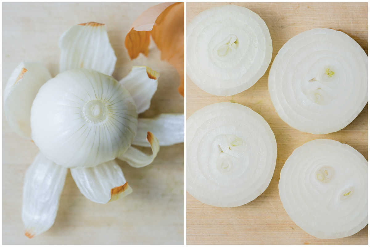 Process shot to peel and slice the onions.