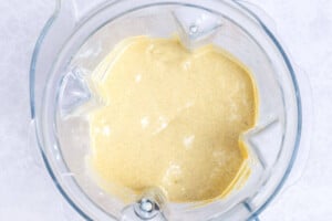 blended mango smoothie in a blender.