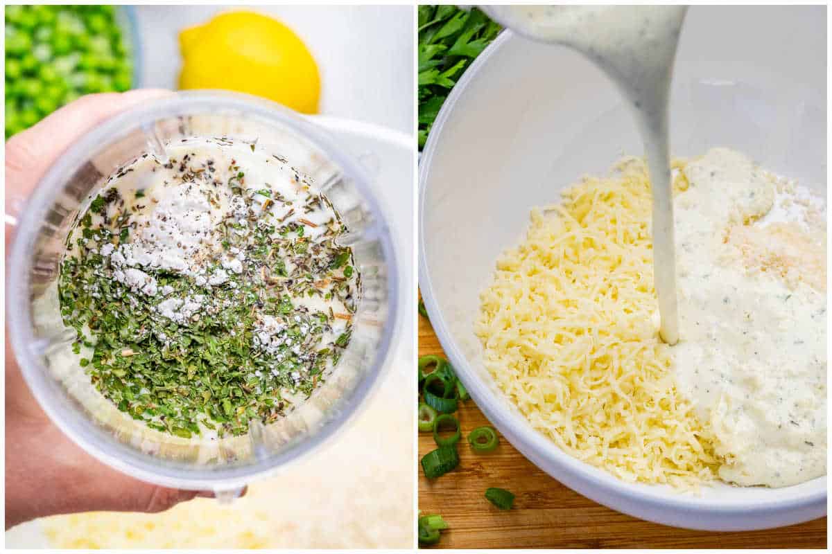 Process shot to of making the creamy sauce the chicken casserole and mixing it with shredded chicken.