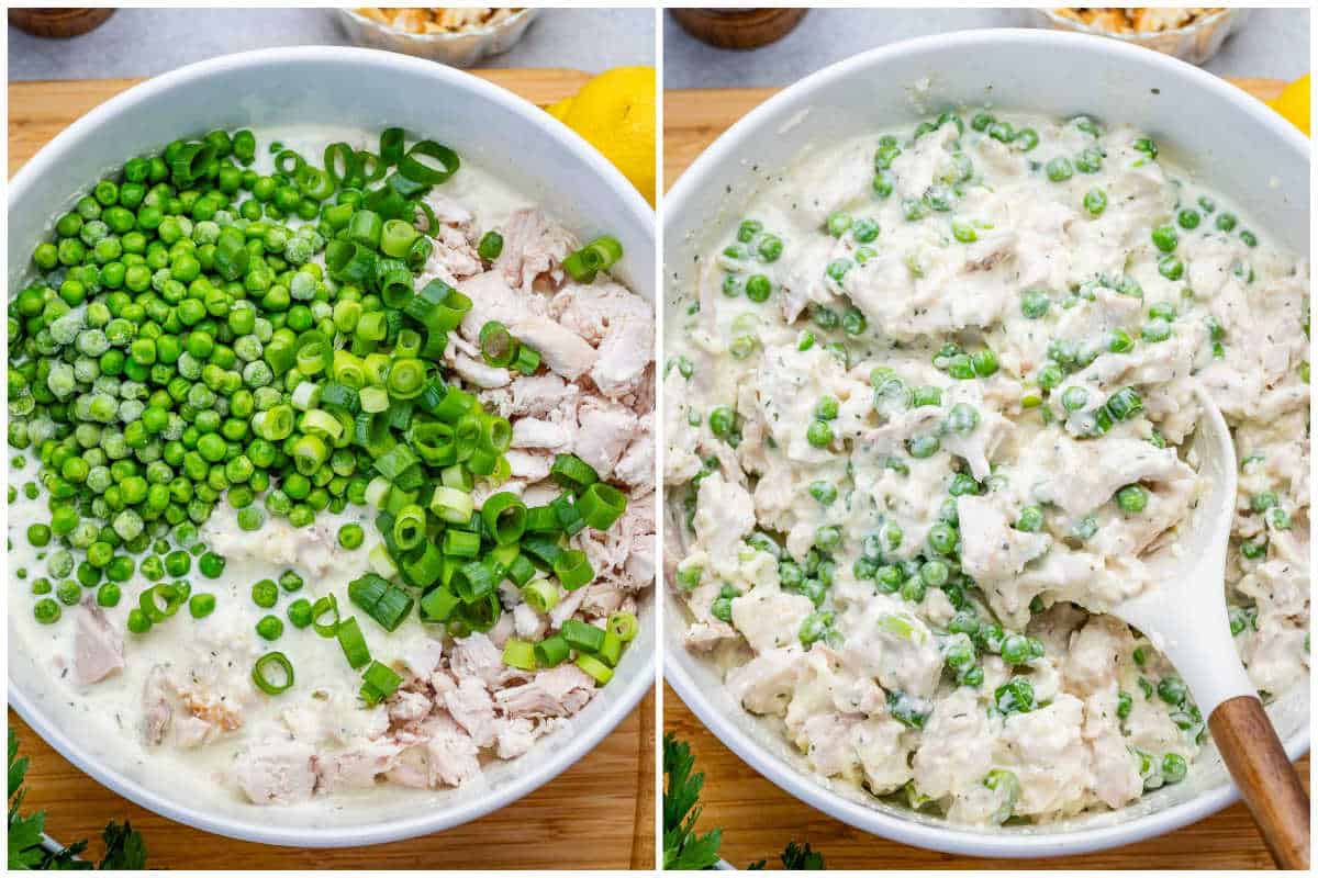 process shot to make the chicken and peas base for the million dollar chicken casserole.