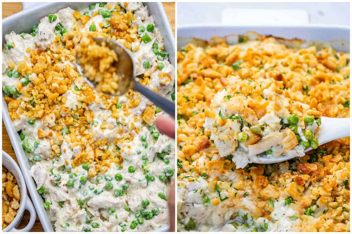process shot of topping the creamy chicken casserole base with ritz crackers and then baking.