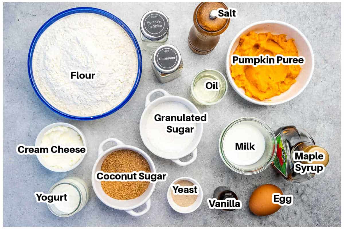 ingredients to make pumpkin cinnamon rolls.