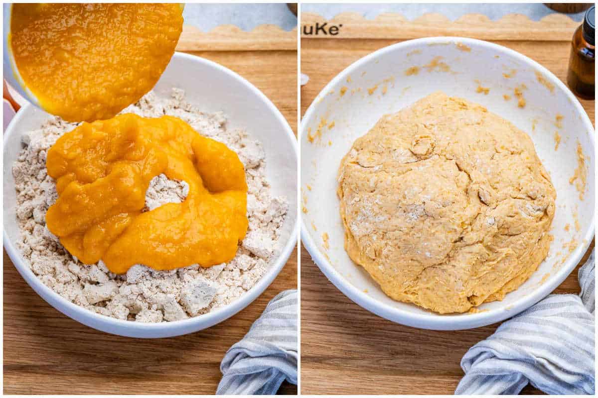 process shot to make the pumpkin scone dough in a bowl.