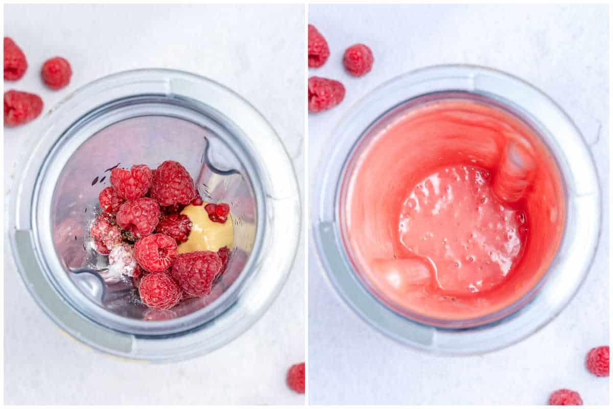 process shot to add the dressing ingredients into the blender and blending.