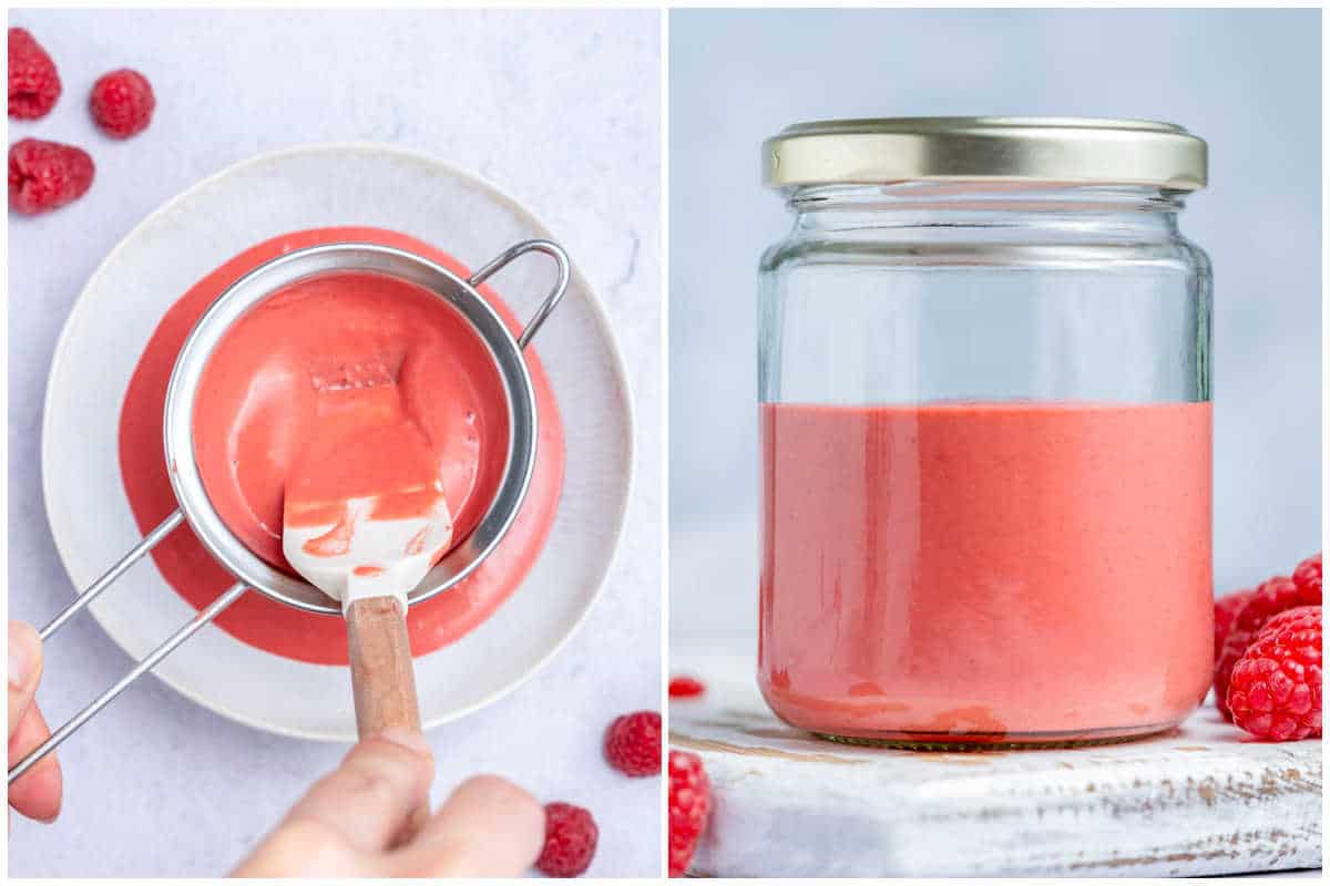 process shot to strain the dressing and adding it to a lidded jar.