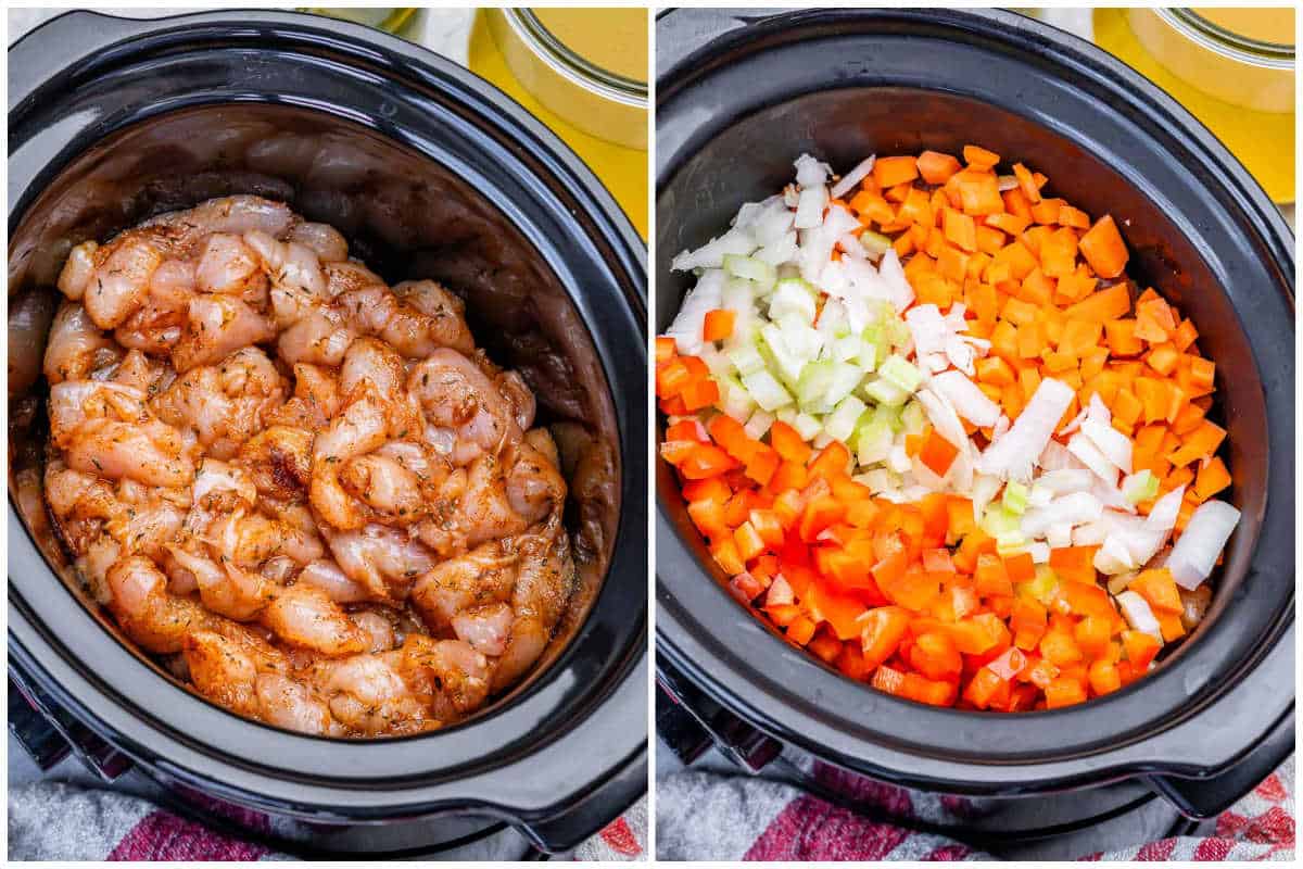 process shot to add the chicken to the slow cooker and adding the veggies over it.