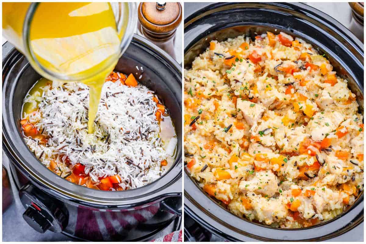 adding the rice and broth over the slow cooker before cooking.