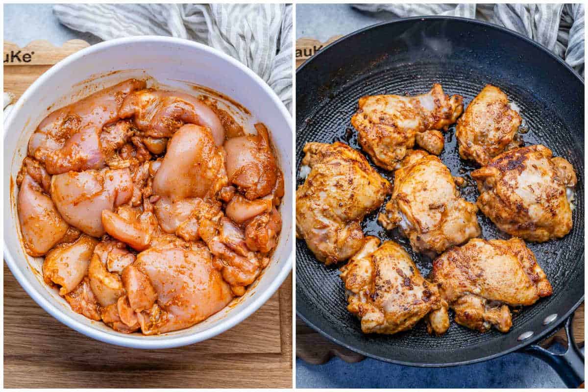 seasoning chicken thighs and slightly cooking on a pan before adding to slow cooker.