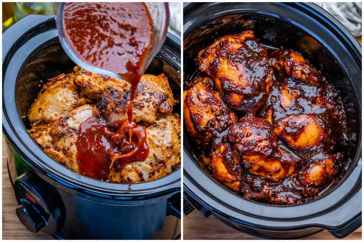 adding chipotle sauce over the cooked chicken thighs and then cooking in the slow cooker.