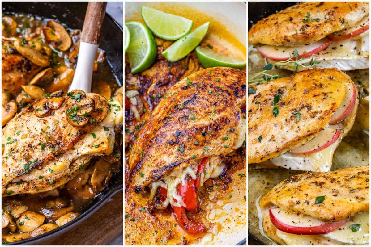 collage for 3 stuffed chicken breast recipes.