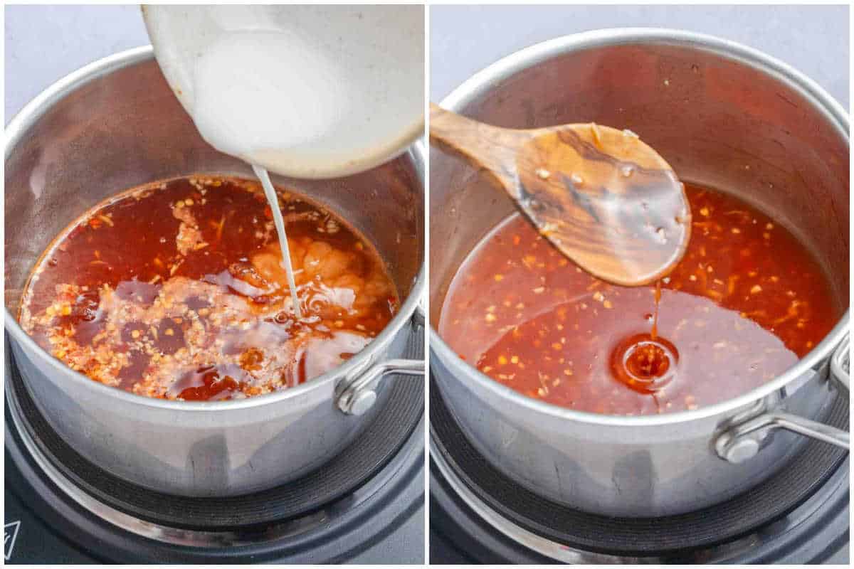 process shot of adding the cornstarch slurry in sauce and mixing.