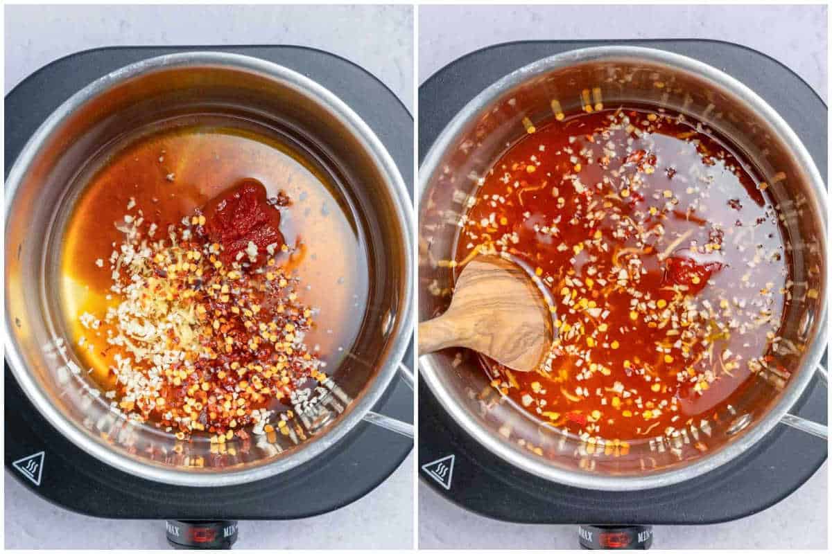 process shot to add the ingredients for the chili sauce in the pan and mixing it.