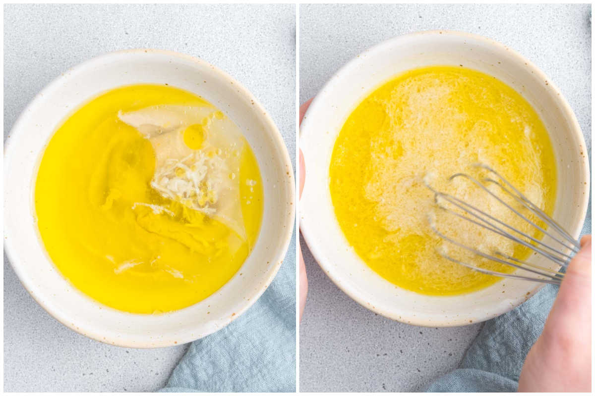 process shot to mix the tahini salad dressing ingredients in a bowl.
