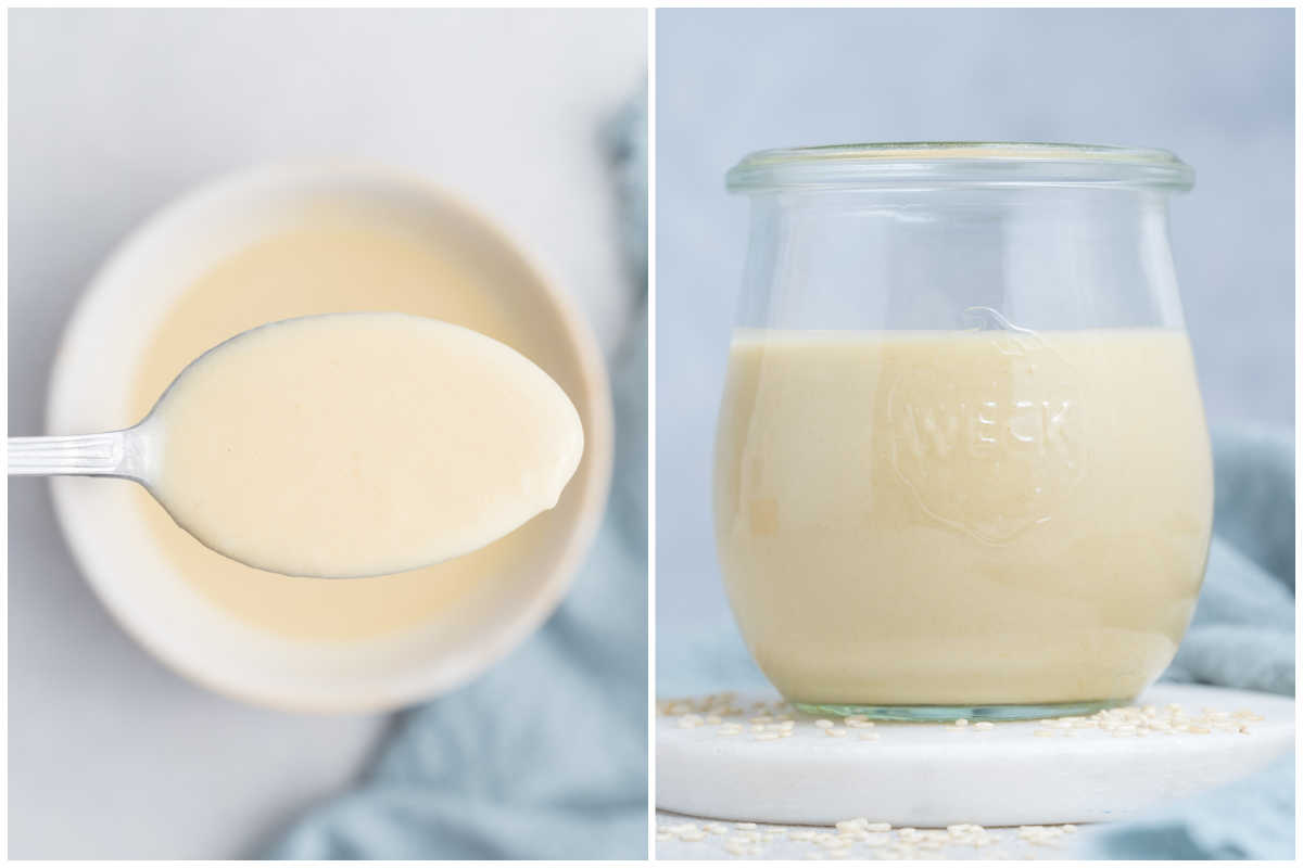 process shot to the finished tahini dressing served in a jar.