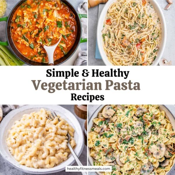Collage of 4 vegetarian pasta recipes graphic.