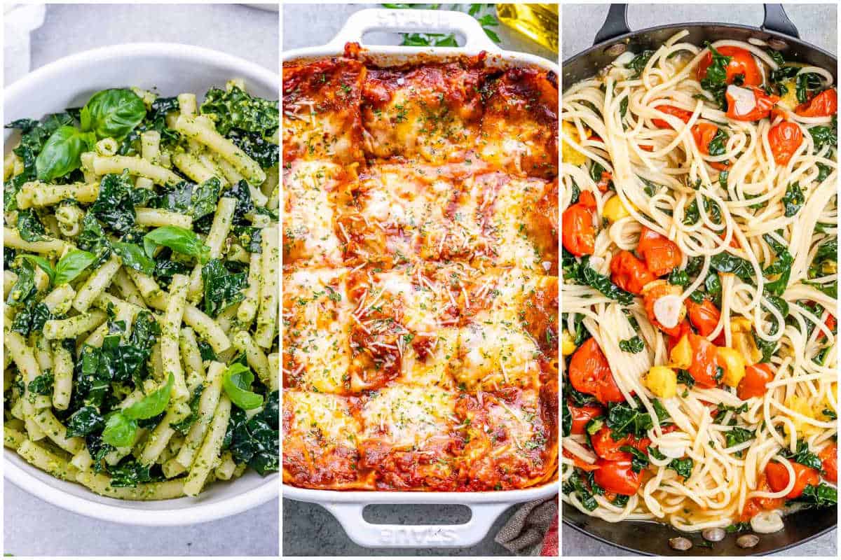 collage for 3 vegetarian pasta dishes.