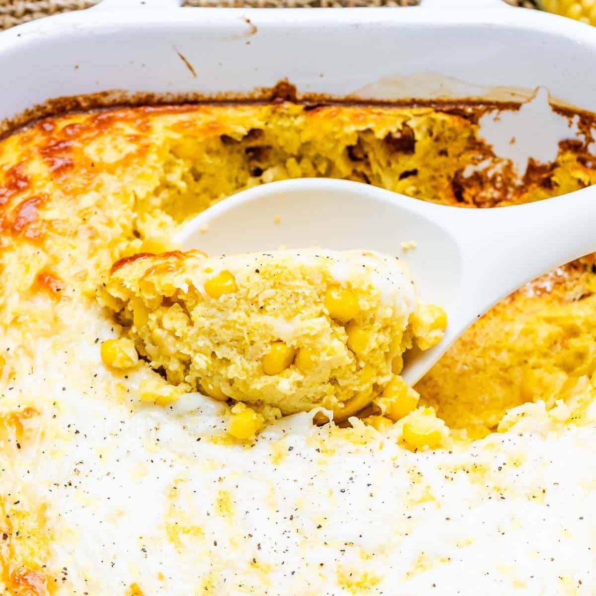 Corn pudding casserole in a dish.