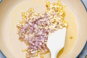Searing onion and garlic in a skillet.