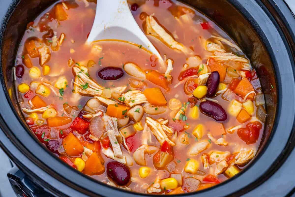 cooked chicken tortilla soup in the slow cooker.