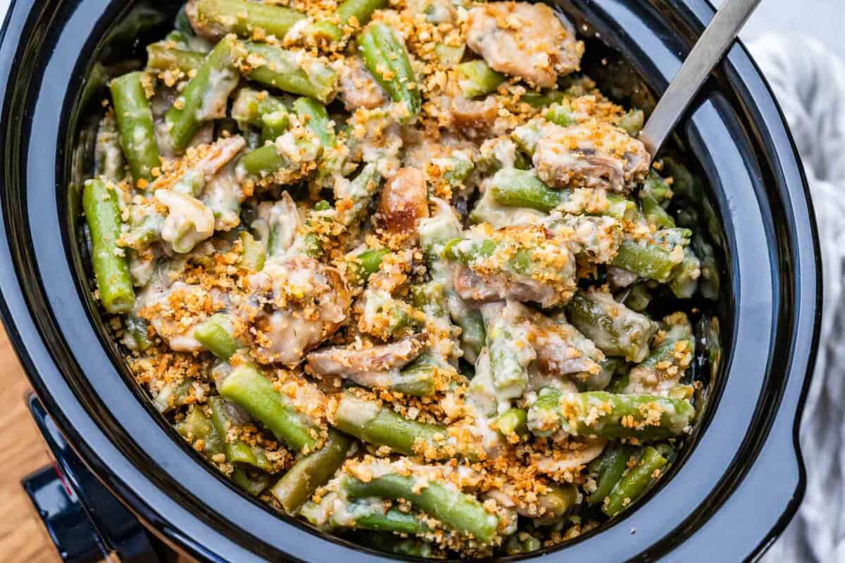 Green bean casserole in a slow cooker.