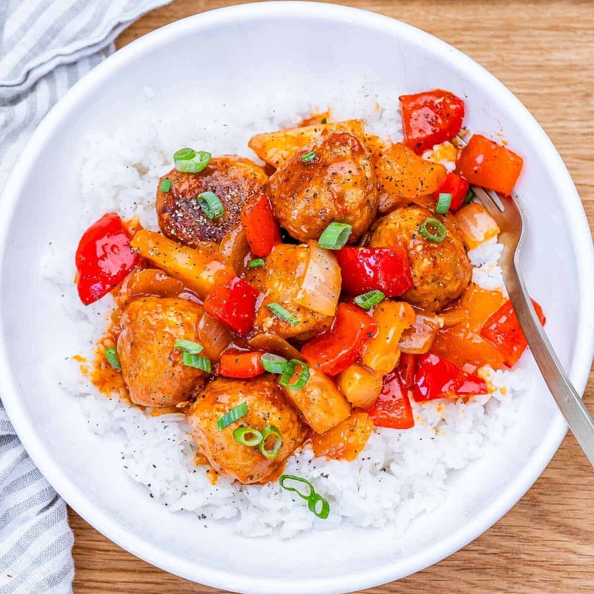 - Sweet and sour meatballs served over jasmine rice