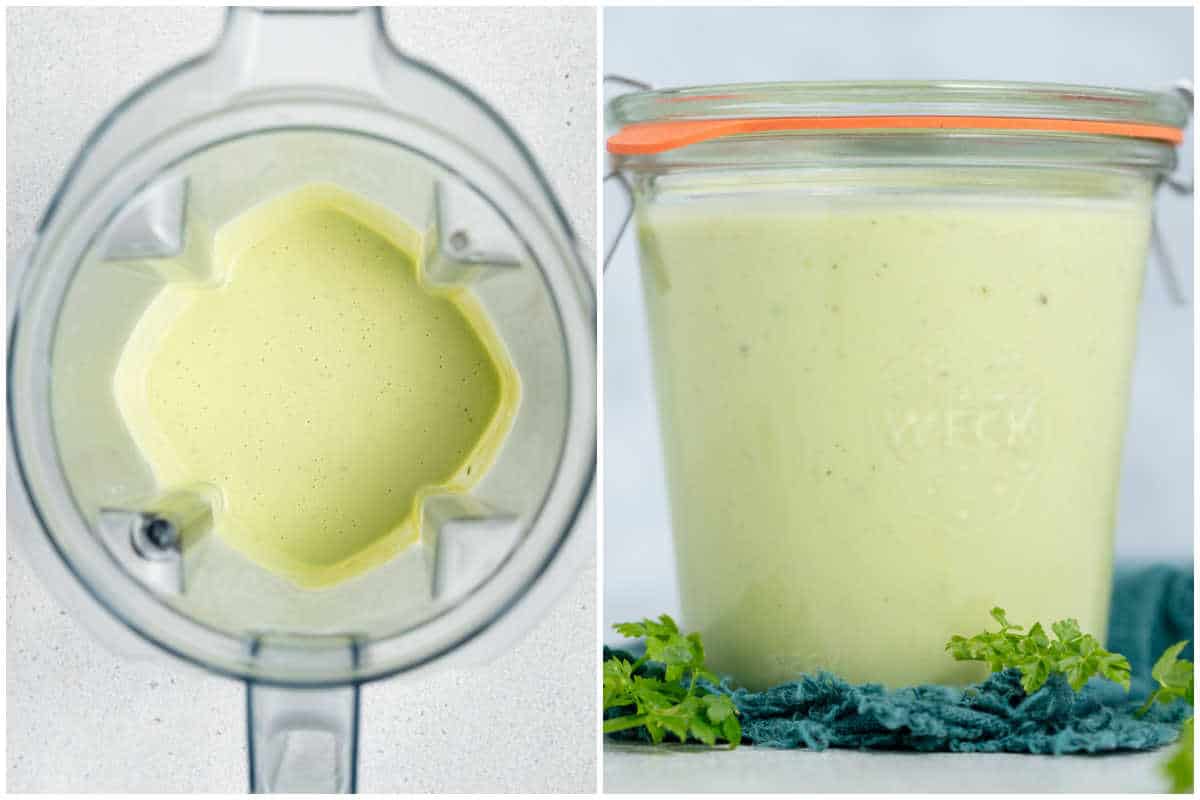 process shot to blend the dressing and adding it to a jar.