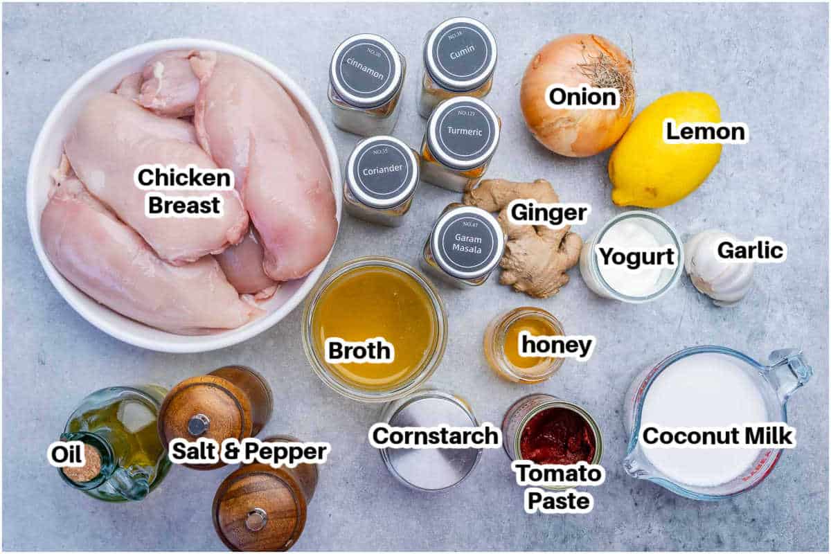 Ingredients laid out for chicken korma.