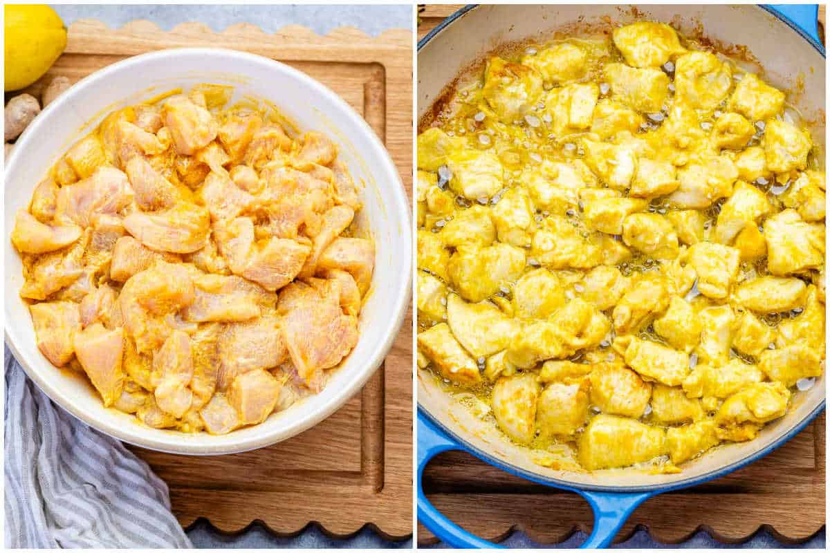 process shot to season the chicken korma bites and then cooking in a pan.