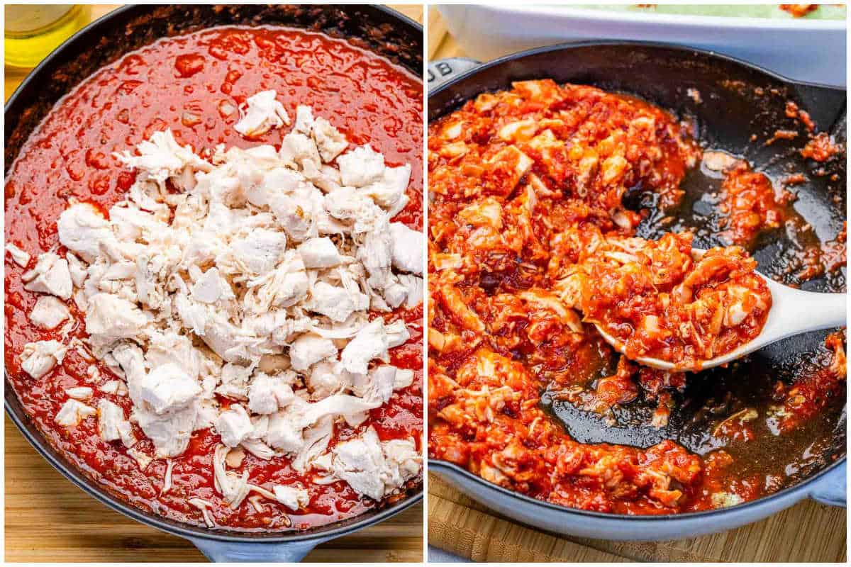adding the chicken to the sauce in the pan to make the base for the chicken lasagna.