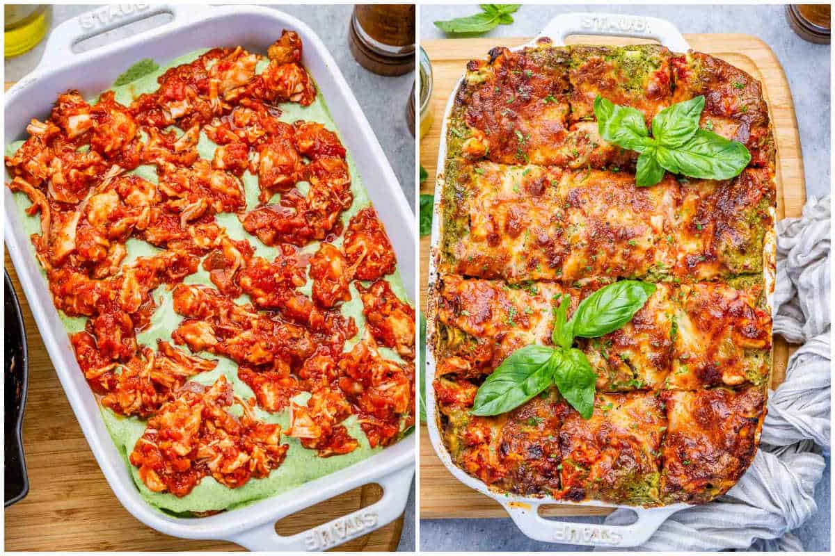 assembling the chicken lasagna in a dish.