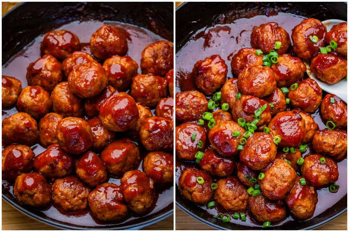 process shot to mix the meatballs in sauce in skillet and then garnishing with sliced green onions.