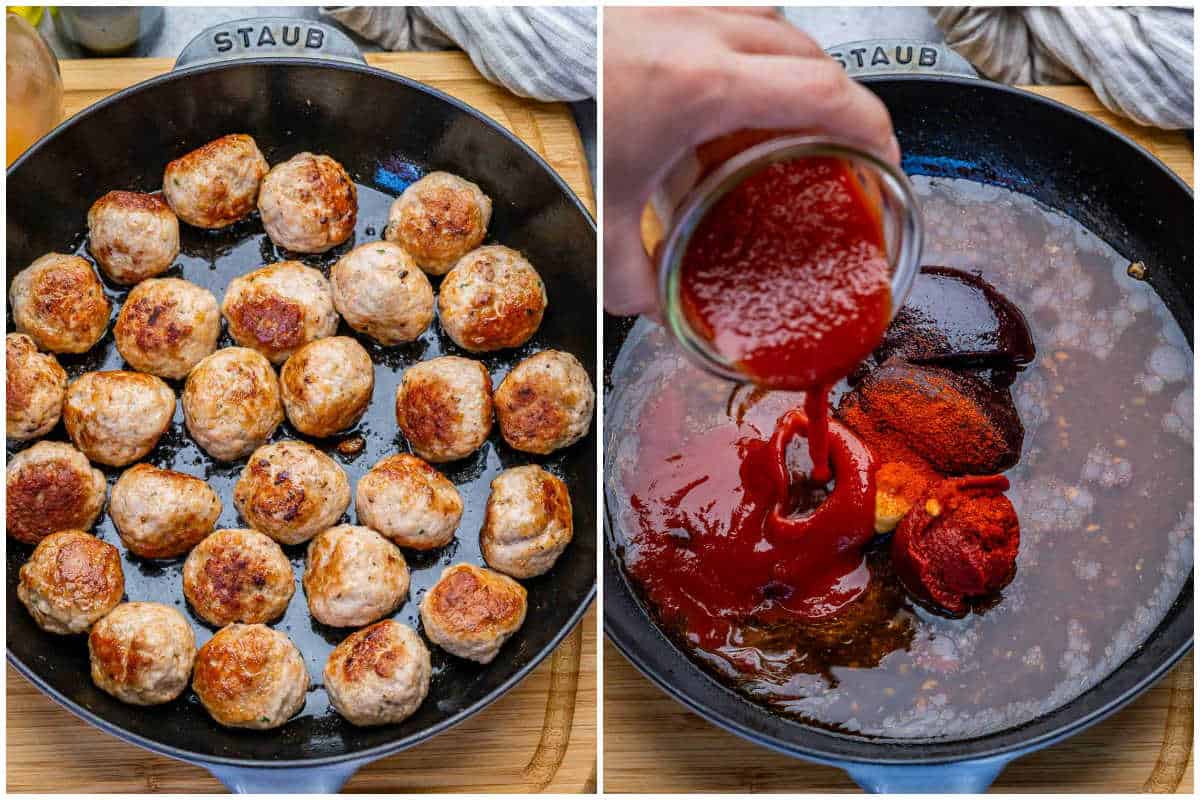 process shot to cook the meatballs in the pan, then making the sauce in the skillet.