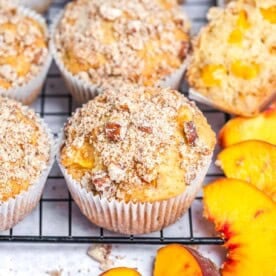 muffins made with greek yogurt and fresh peaches.