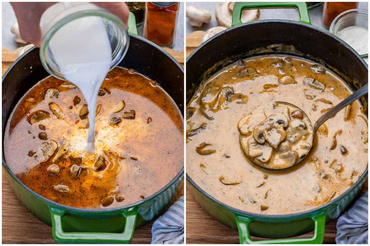 pouring milk into the pot of soup with mushrooms. 