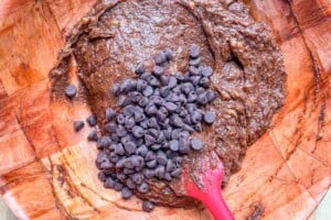 Chocolate chips added to a brownie batter.