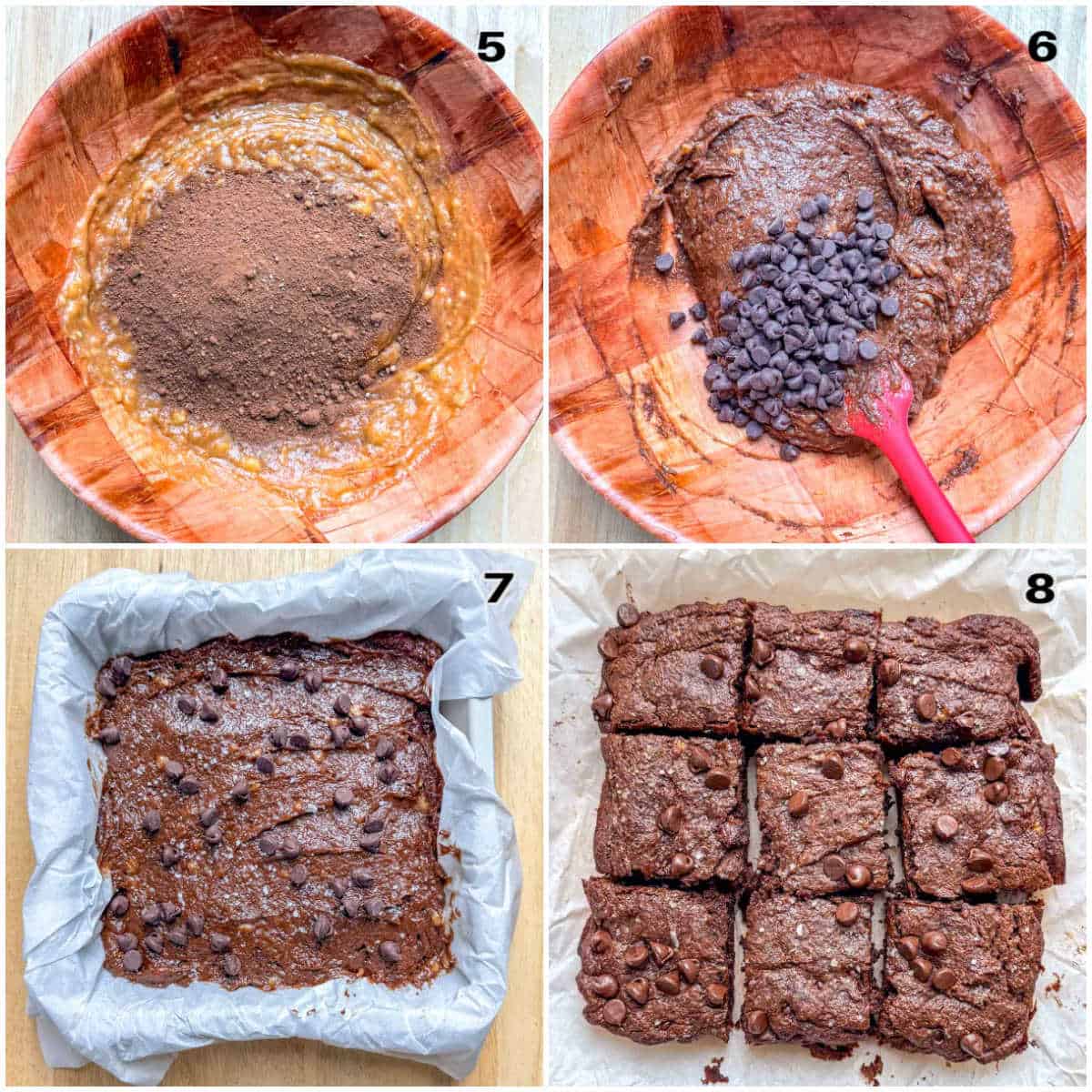 process shot to make the brownie batter and placing in a pan to bake.