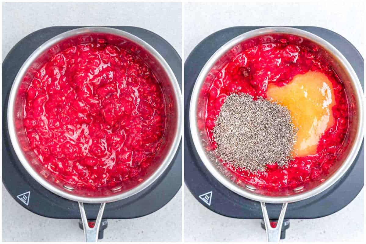 process shot to mash the raspberries in a pan and add honey and chia seeds.