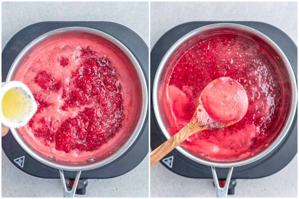 process shot to add lemon juice to the pan and cooking the raspberries.