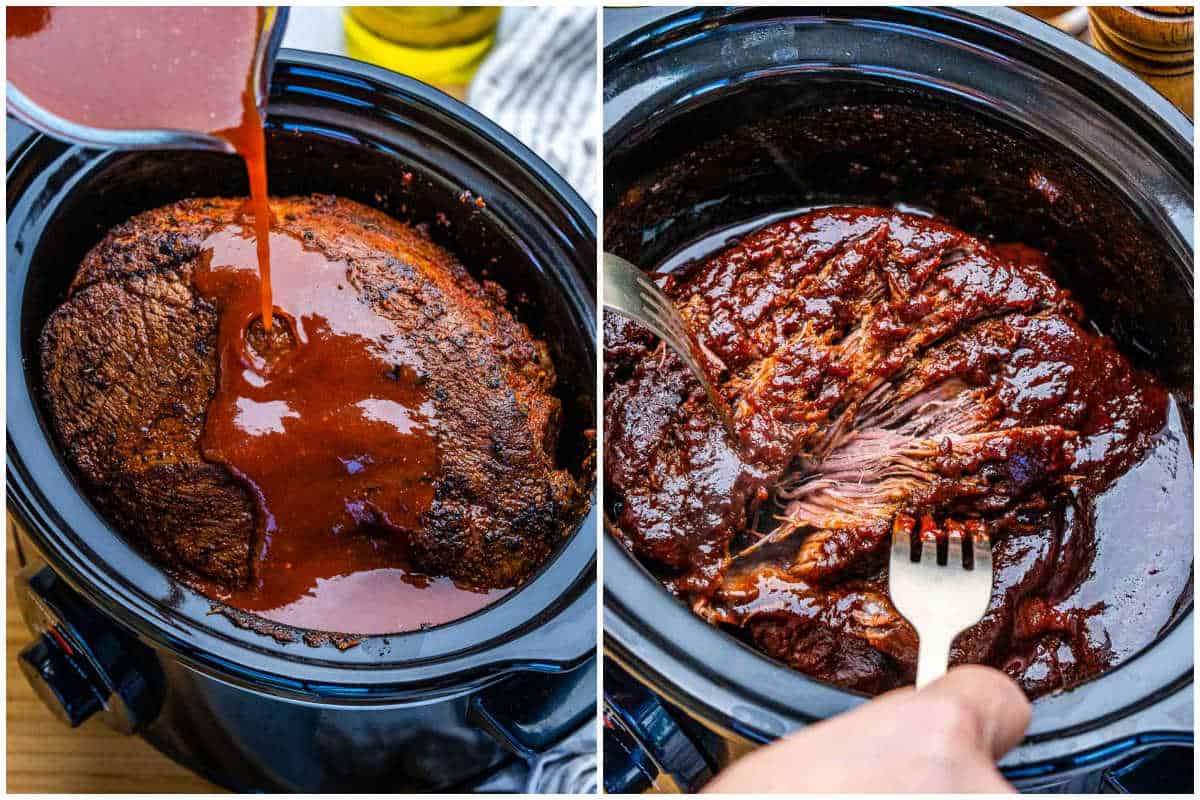 process shot of pouring the sauce over chuck roast in the slow cooker, and then shredding it.