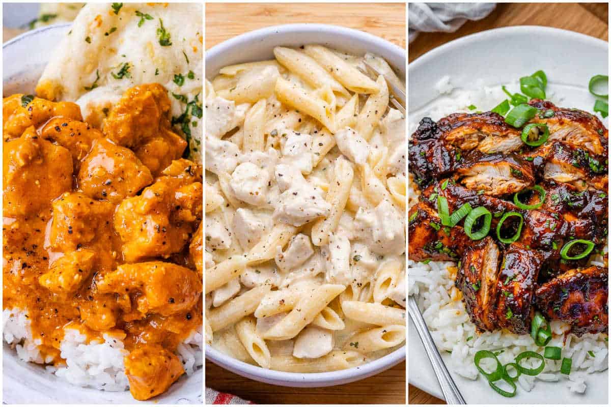 collage for 3 slow cooker chicken dishes.