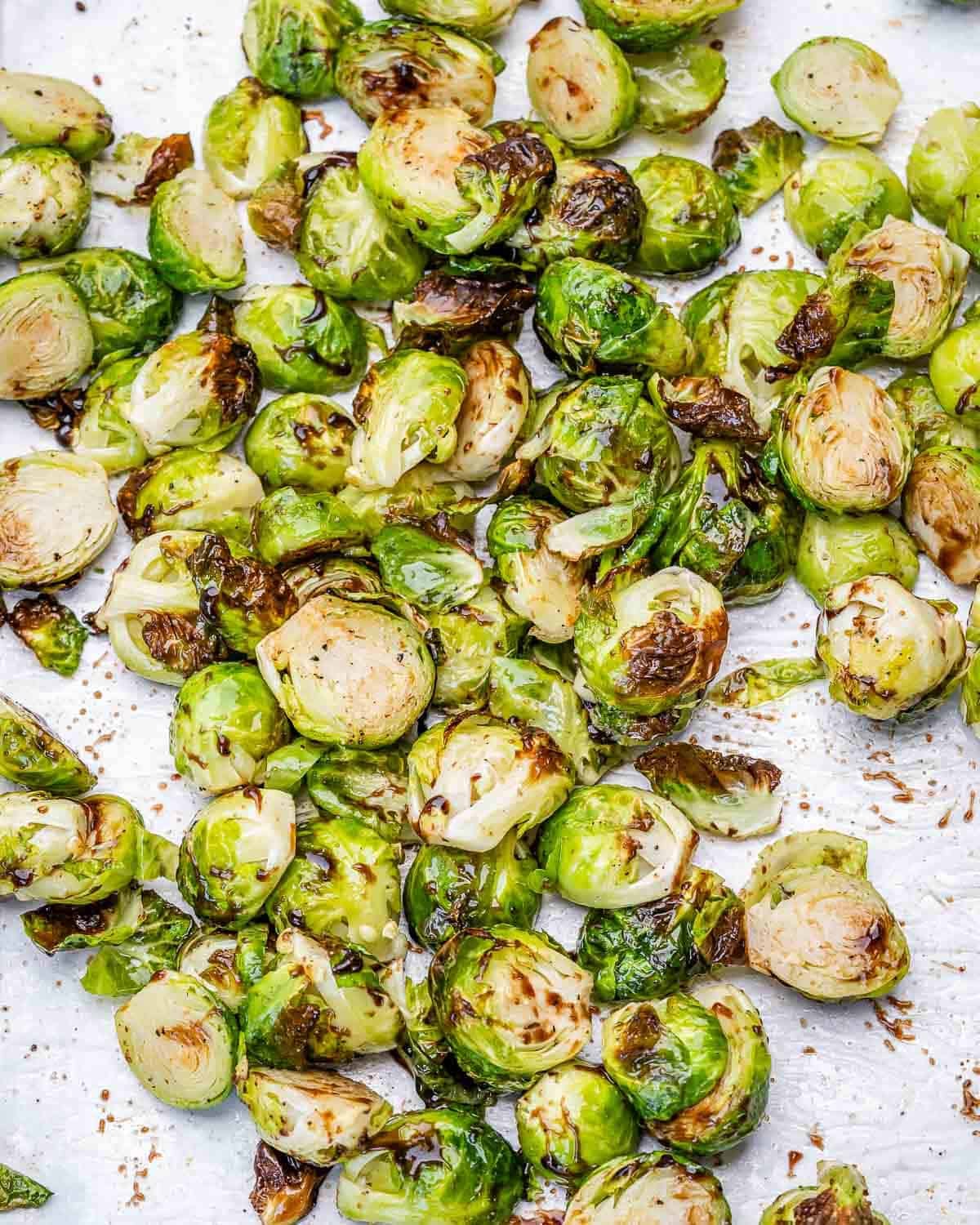A tray of balsamic brussels sprouts.