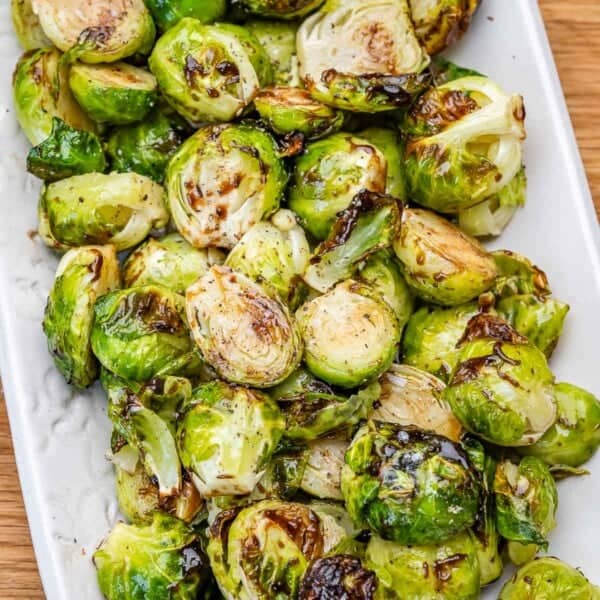 balsamic roasted Brussels sprouts on a plate.