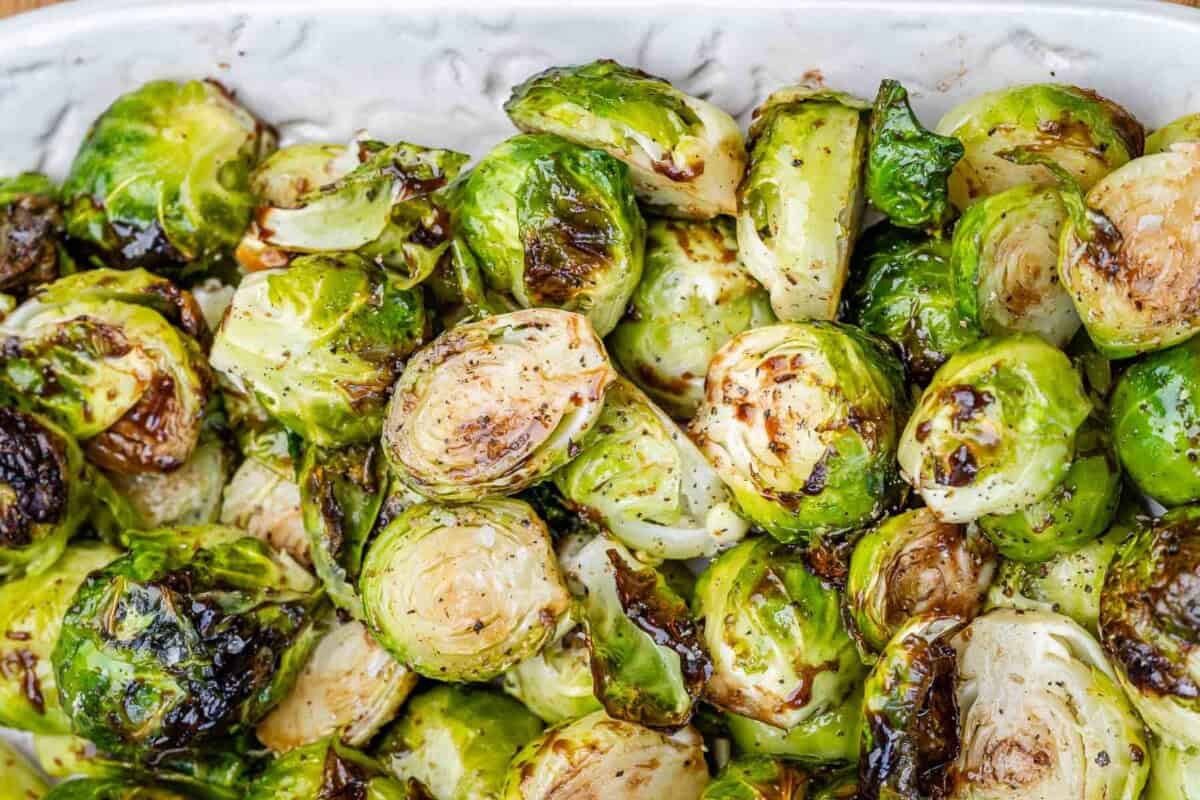 Roasted Brussels sprouts on a pan.